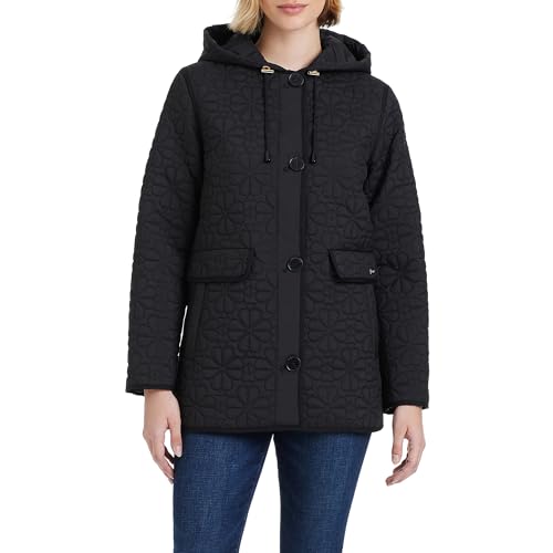 Kate Spade New York Midweight Hooded A-Line Quilted Jacket, Black